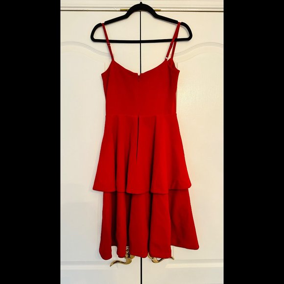 Dress the Population Red Yasmin Solid Sleeveless Peplum Tiered Fit & Flare XS - Picture 4 of 5